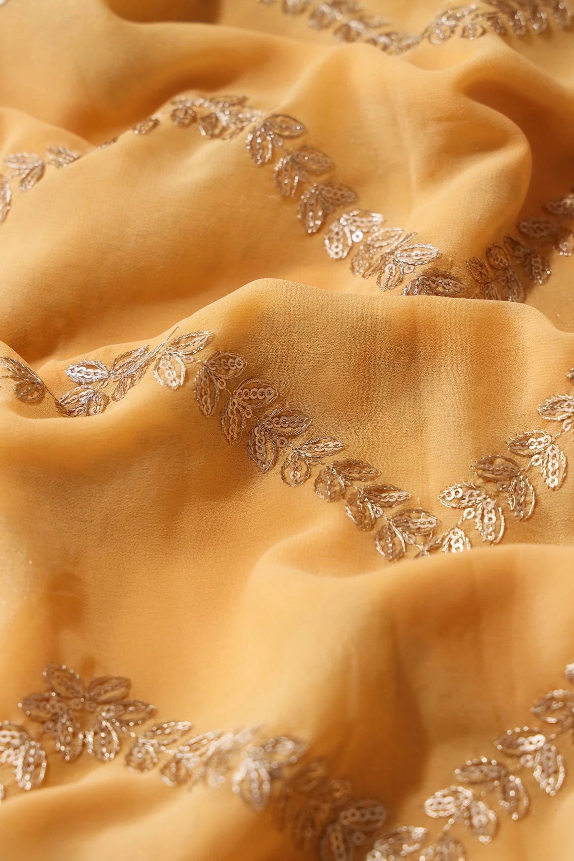 AIzaSyBcstauz-XMPRhEY21AUzeo032pxrXB5Ug - Gold Zari With Gold Sequins Chevron Embroidery Work On Mellow Yellow Georgette Fabric