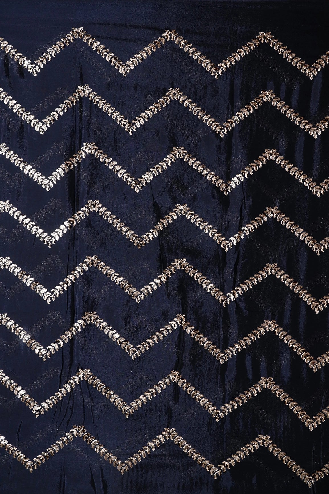 AIzaSyBcstauz-XMPRhEY21AUzeo032pxrXB5Ug - Gold Zari With Gold Sequins Chevron Embroidery Work On Navy Blue Chinnon Chiffon Fabric