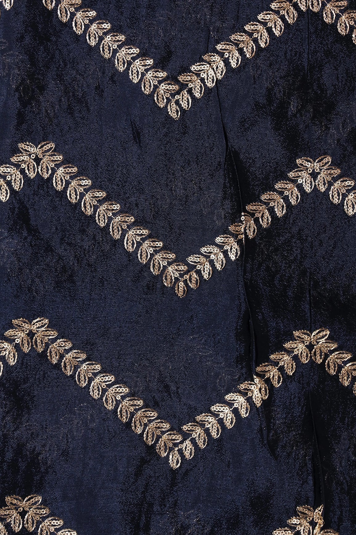 AIzaSyBcstauz-XMPRhEY21AUzeo032pxrXB5Ug - Gold Zari With Gold Sequins Chevron Embroidery Work On Navy Blue Chinnon Chiffon Fabric