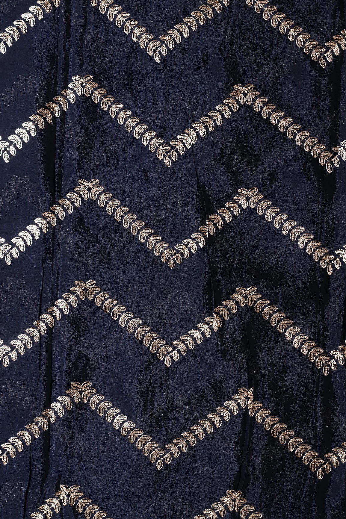 AIzaSyBcstauz-XMPRhEY21AUzeo032pxrXB5Ug - Gold Zari With Gold Sequins Chevron Embroidery Work On Navy Blue Chinnon Chiffon Fabric