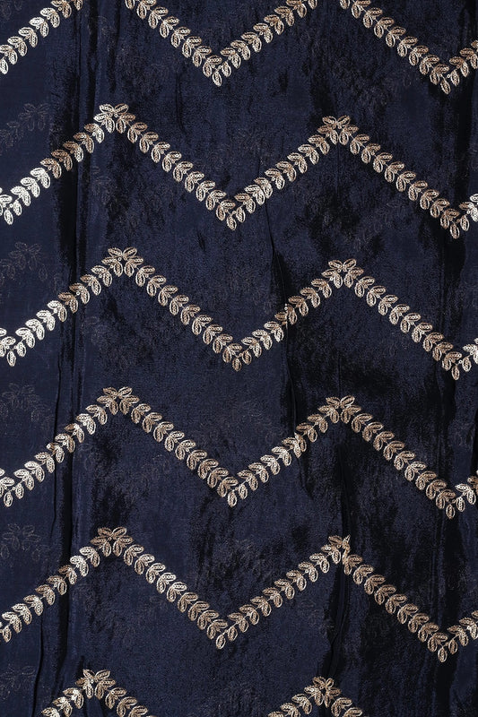 AIzaSyBcstauz-XMPRhEY21AUzeo032pxrXB5Ug - Gold Zari With Gold Sequins Chevron Embroidery Work On Navy Blue Chinnon Chiffon Fabric