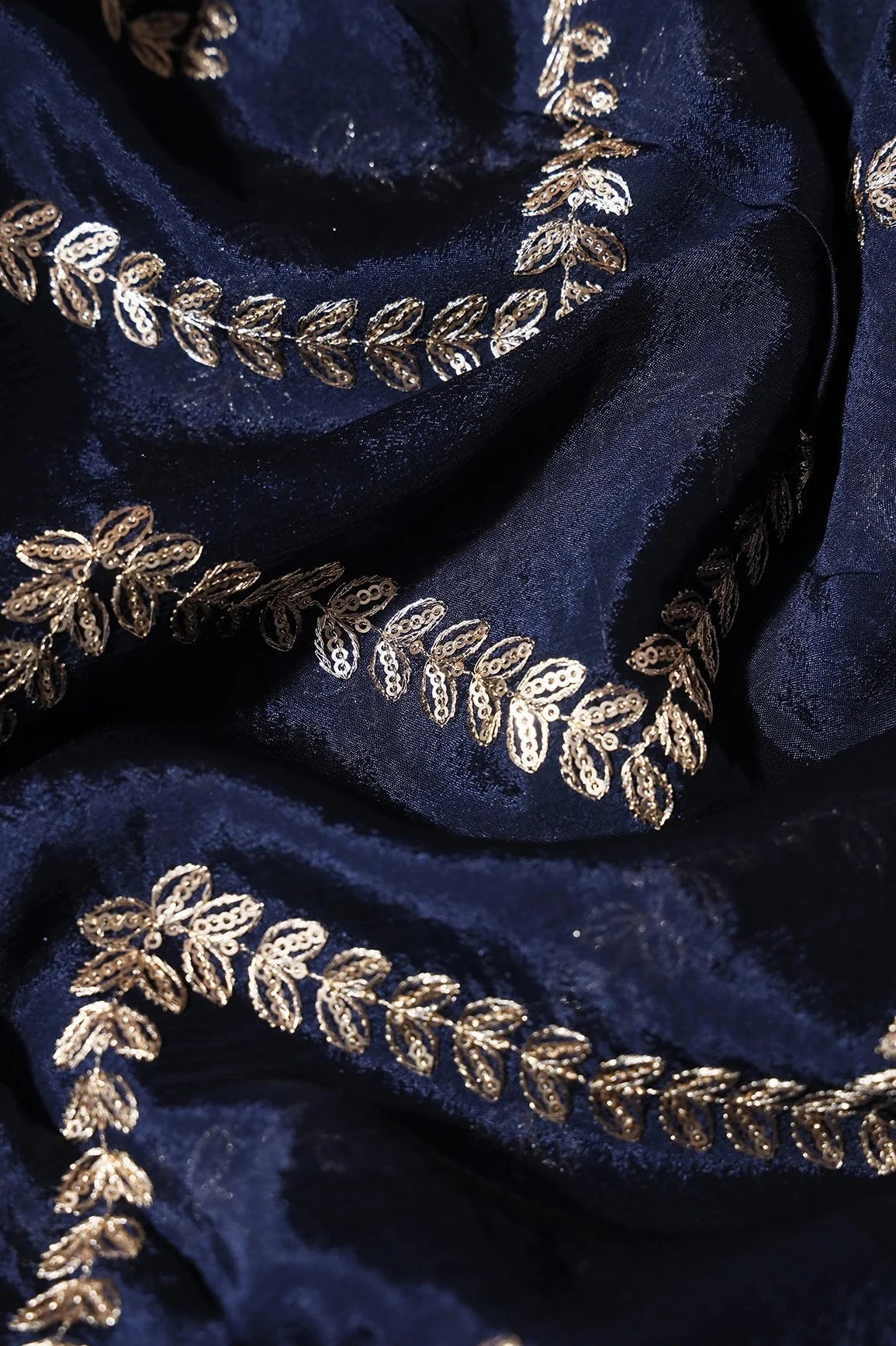 AIzaSyBcstauz-XMPRhEY21AUzeo032pxrXB5Ug - Gold Zari With Gold Sequins Chevron Embroidery Work On Navy Blue Chinnon Chiffon Fabric