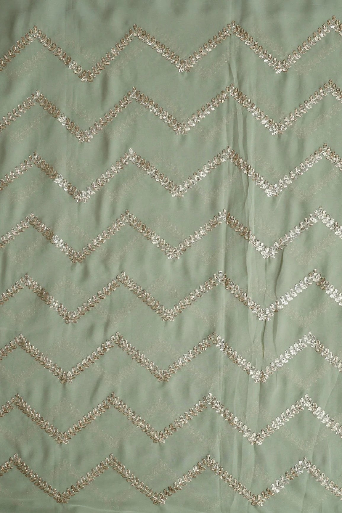 AIzaSyBcstauz-XMPRhEY21AUzeo032pxrXB5Ug - Gold Zari With Gold Sequins Chevron Embroidery Work On Olive Georgette Fabric
