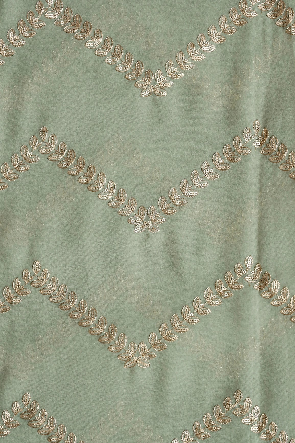 AIzaSyBcstauz-XMPRhEY21AUzeo032pxrXB5Ug - Gold Zari With Gold Sequins Chevron Embroidery Work On Olive Georgette Fabric