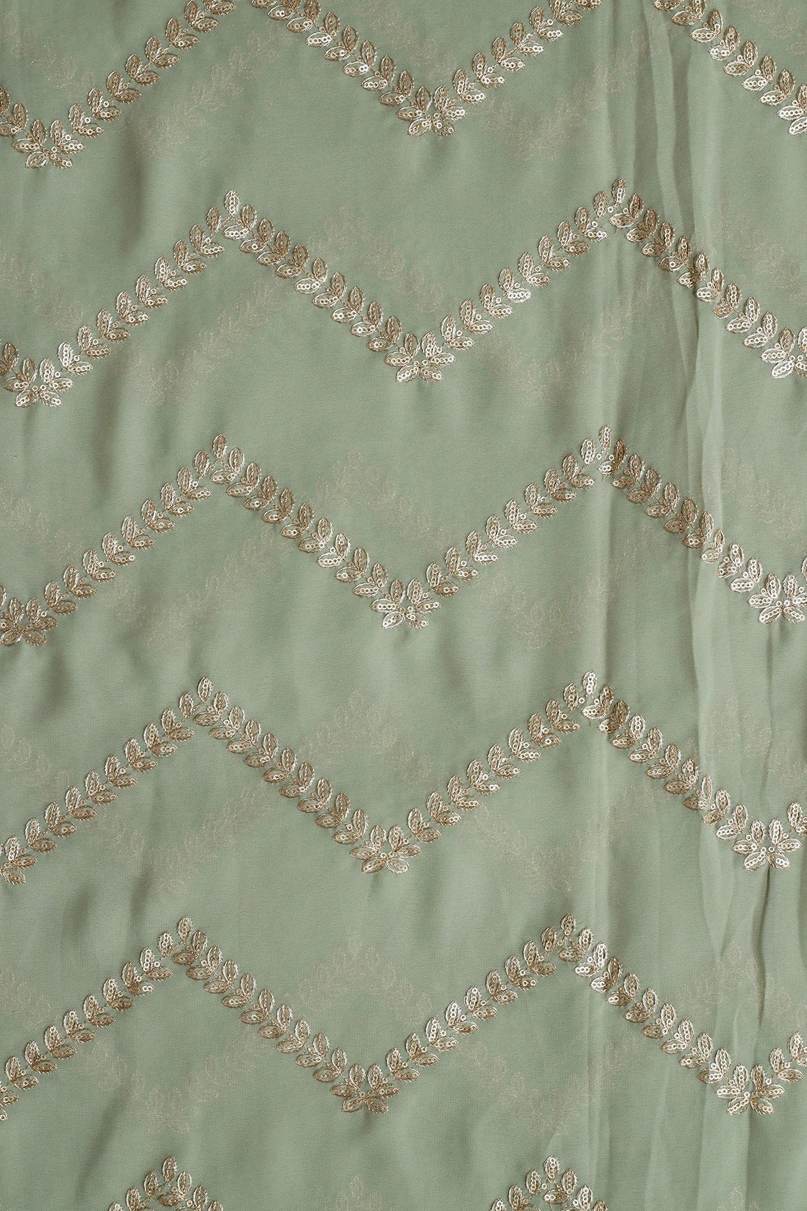AIzaSyBcstauz-XMPRhEY21AUzeo032pxrXB5Ug - Gold Zari With Gold Sequins Chevron Embroidery Work On Olive Georgette Fabric