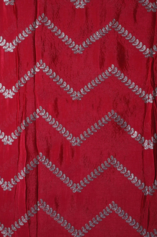 AIzaSyBcstauz-XMPRhEY21AUzeo032pxrXB5Ug - Gold Zari With Gold Sequins Chevron Embroidery Work On Red Chinnon Chiffon Fabric