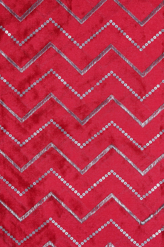 AIzaSyBcstauz-XMPRhEY21AUzeo032pxrXB5Ug - Gold Zari With Gold Sequins Chevron Embroidery Work On Red Chinnon Chiffon Fabric
