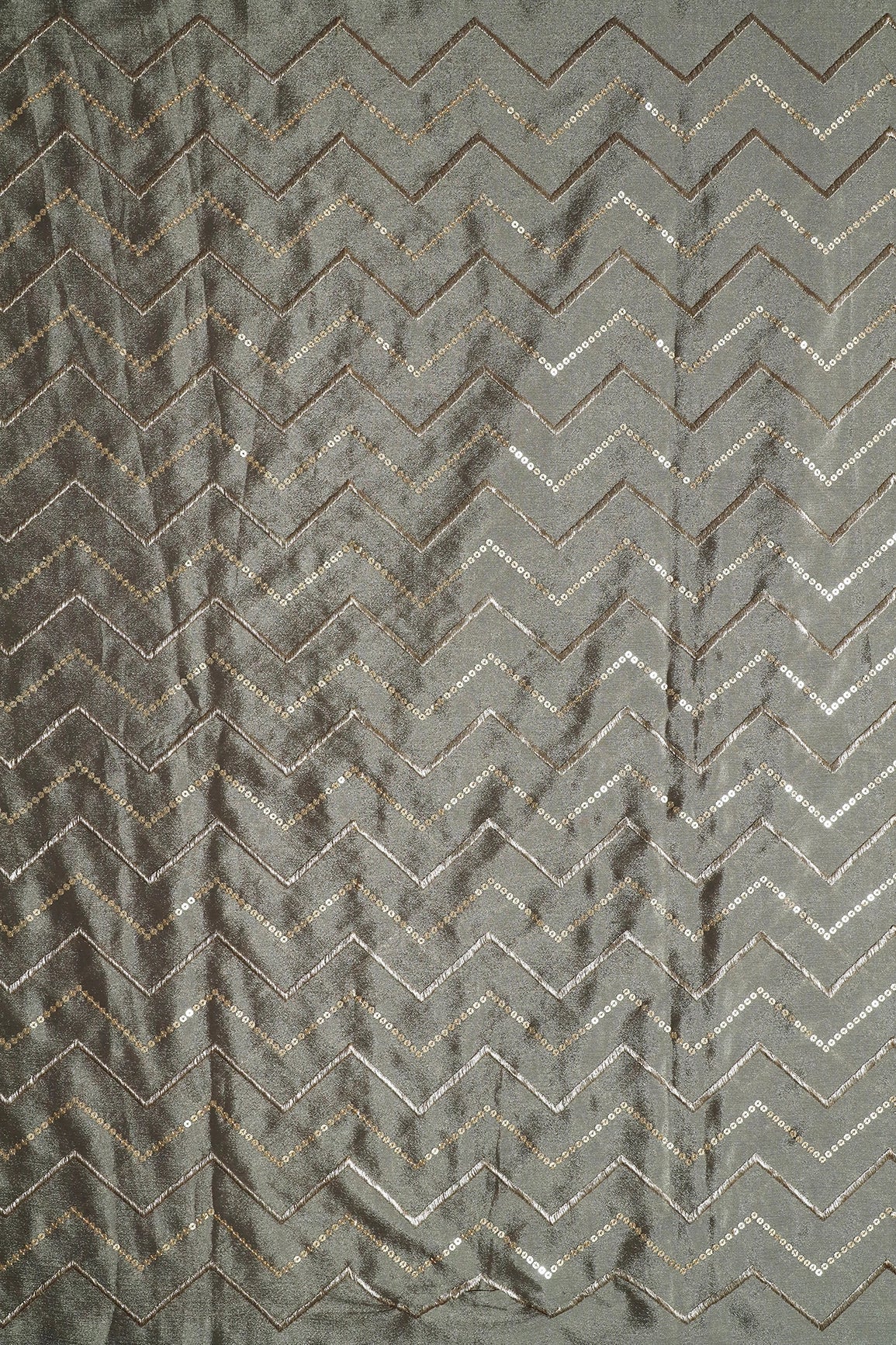 AIzaSyBcstauz-XMPRhEY21AUzeo032pxrXB5Ug - Gold Zari With Gold Sequins Chevron Embroidery Work On Stone Grey Chinnon Chiffon Fabric