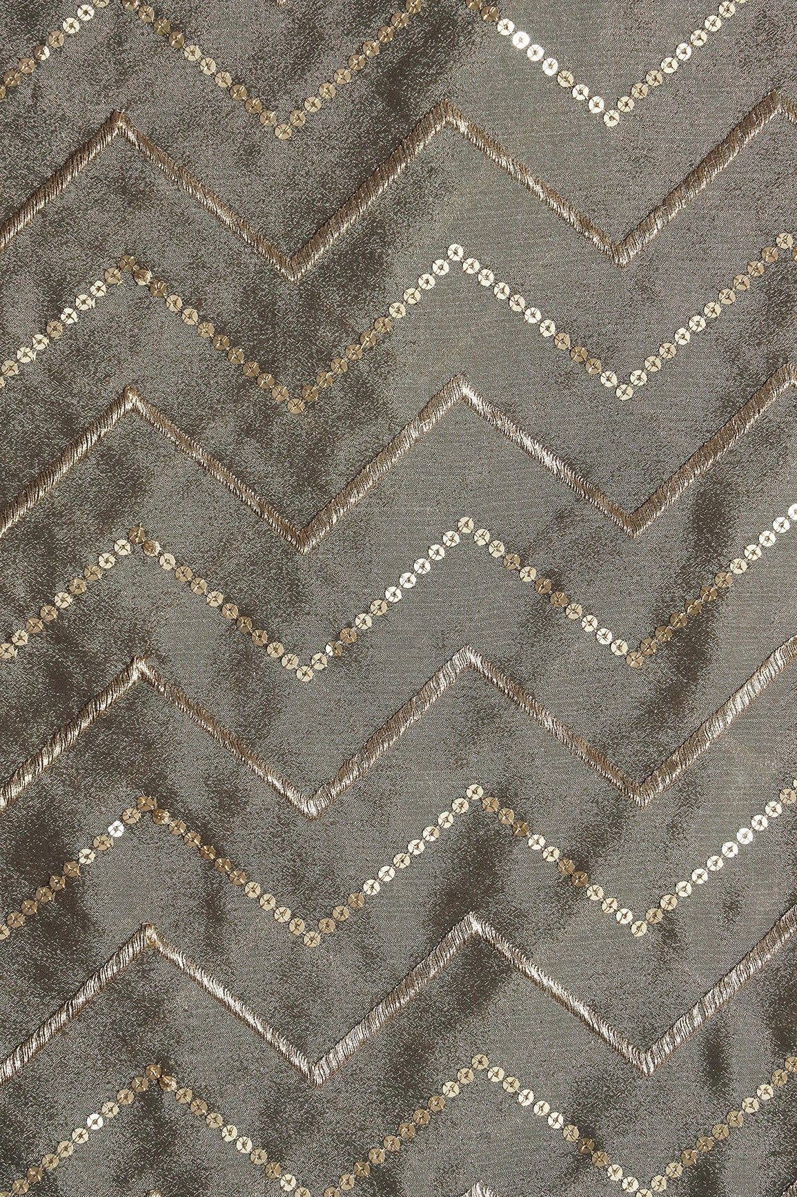 AIzaSyBcstauz-XMPRhEY21AUzeo032pxrXB5Ug - Gold Zari With Gold Sequins Chevron Embroidery Work On Stone Grey Chinnon Chiffon Fabric