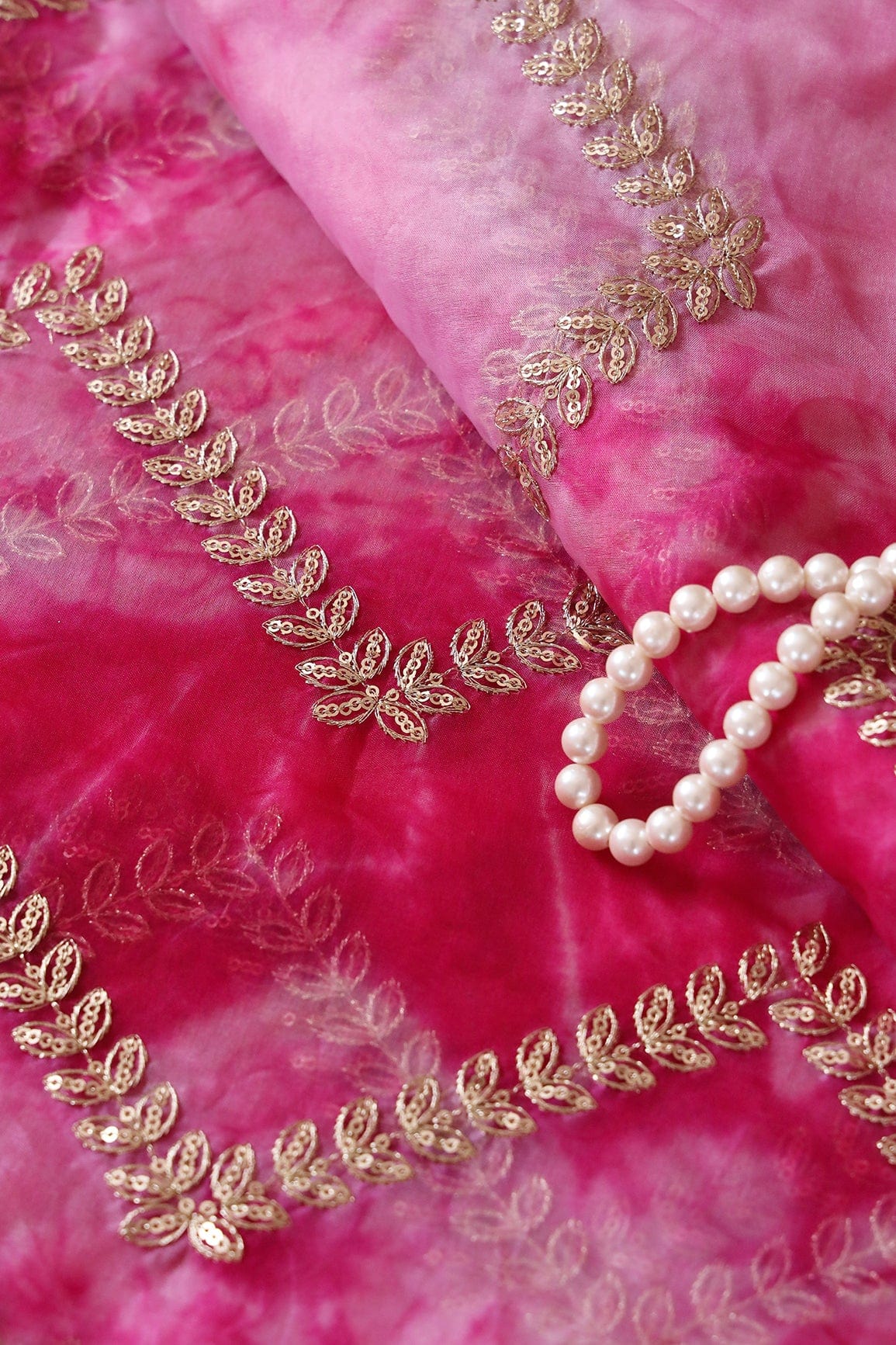 AIzaSyBcstauz-XMPRhEY21AUzeo032pxrXB5Ug - Gold Zari With Gold Sequins Chevron Embroidery Work On Tie & Dye Fuchsia Organza Fabric