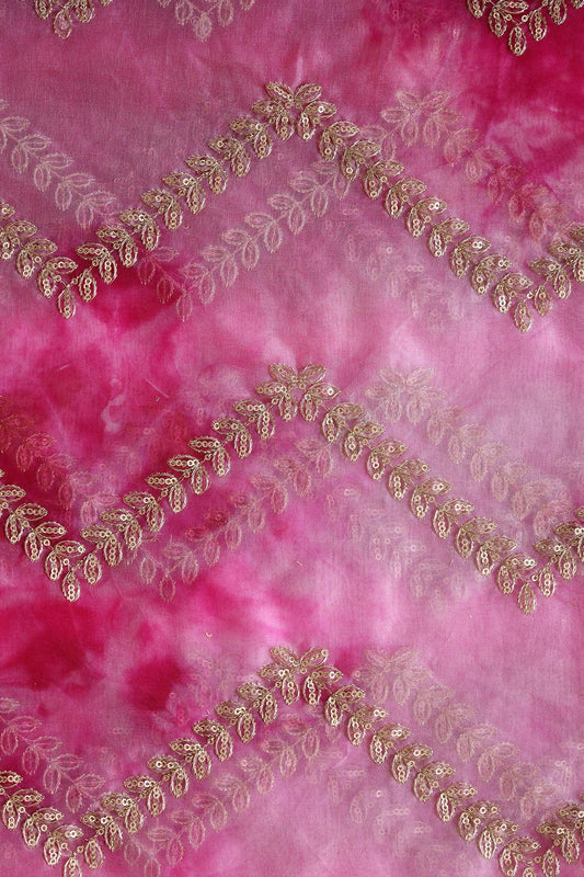 AIzaSyBcstauz-XMPRhEY21AUzeo032pxrXB5Ug - Gold Zari With Gold Sequins Chevron Embroidery Work On Tie & Dye Fuchsia Organza Fabric