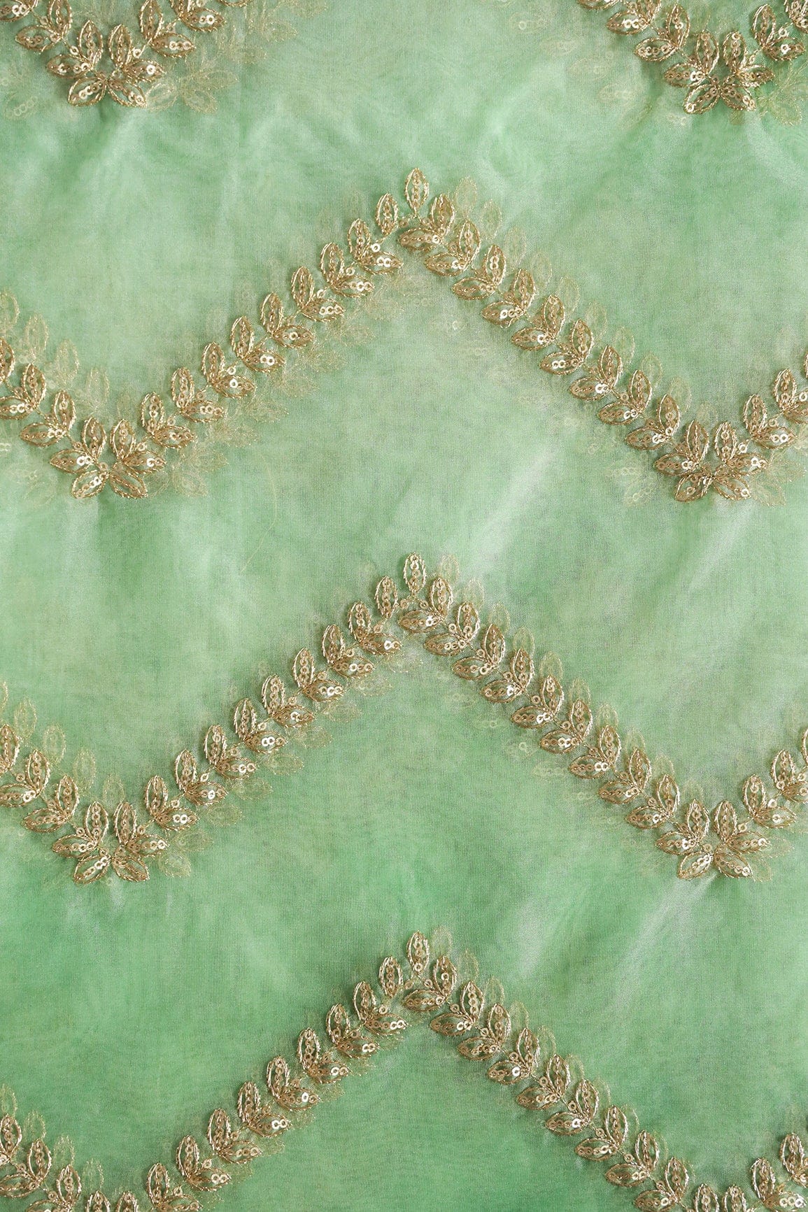 AIzaSyBcstauz-XMPRhEY21AUzeo032pxrXB5Ug - Gold Zari With Gold Sequins Chevron Embroidery Work On Tie & Dye Olive Organza Fabric