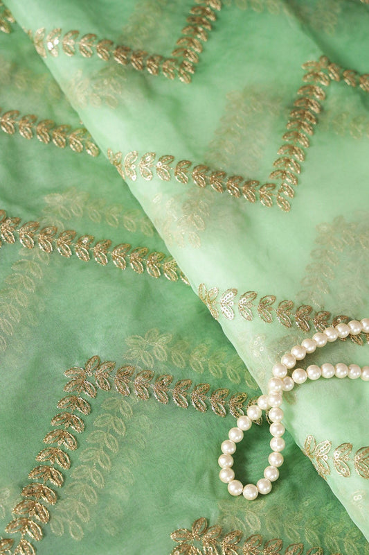 AIzaSyBcstauz-XMPRhEY21AUzeo032pxrXB5Ug - Gold Zari With Gold Sequins Chevron Embroidery Work On Tie & Dye Olive Organza Fabric