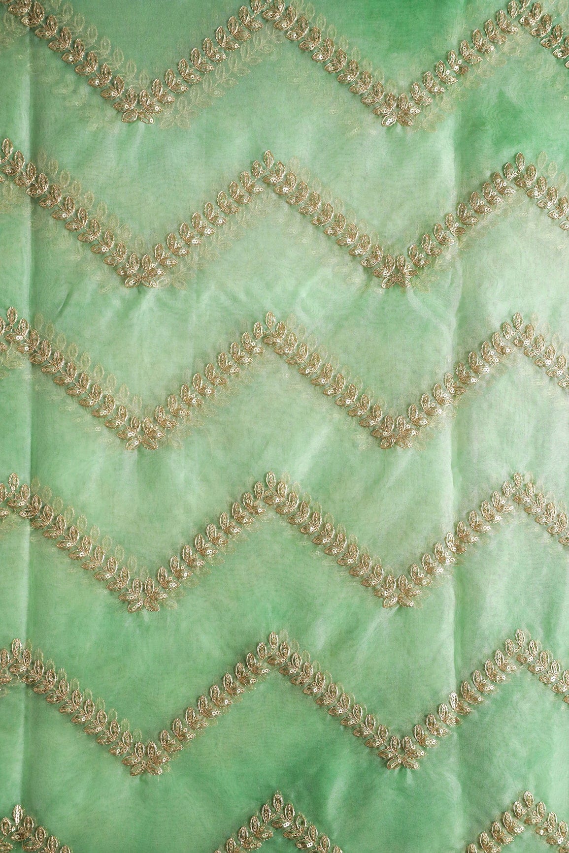 AIzaSyBcstauz-XMPRhEY21AUzeo032pxrXB5Ug - Gold Zari With Gold Sequins Chevron Embroidery Work On Tie & Dye Olive Organza Fabric