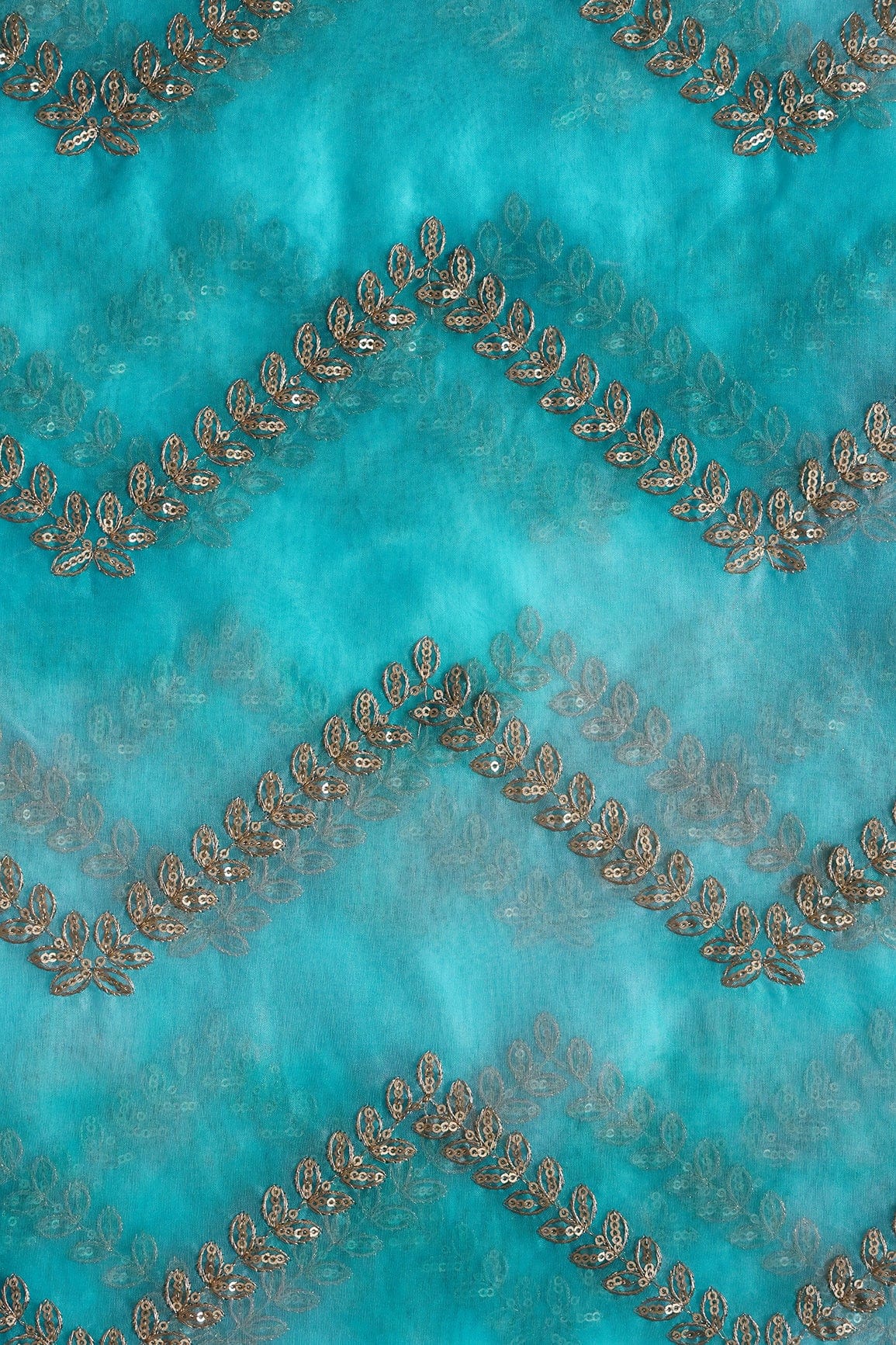 AIzaSyBcstauz-XMPRhEY21AUzeo032pxrXB5Ug - Gold Zari With Gold Sequins Chevron Embroidery Work On Tie & Dye Sky Blue Organza Fabric