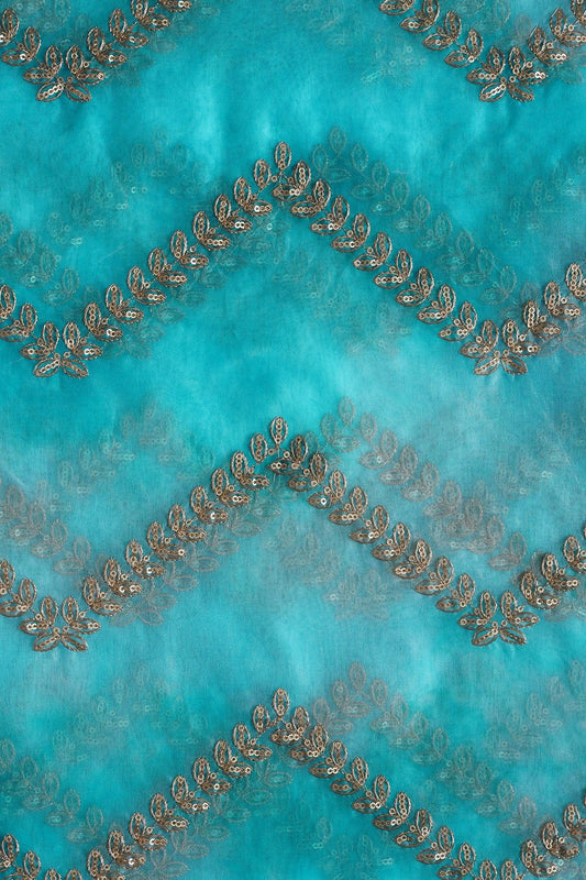 AIzaSyBcstauz-XMPRhEY21AUzeo032pxrXB5Ug - Gold Zari With Gold Sequins Chevron Embroidery Work On Tie & Dye Sky Blue Organza Fabric