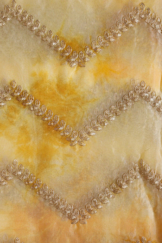 AIzaSyBcstauz-XMPRhEY21AUzeo032pxrXB5Ug - Gold Zari With Gold Sequins Chevron Embroidery Work On Tie & Dye Yellow Organza Fabric