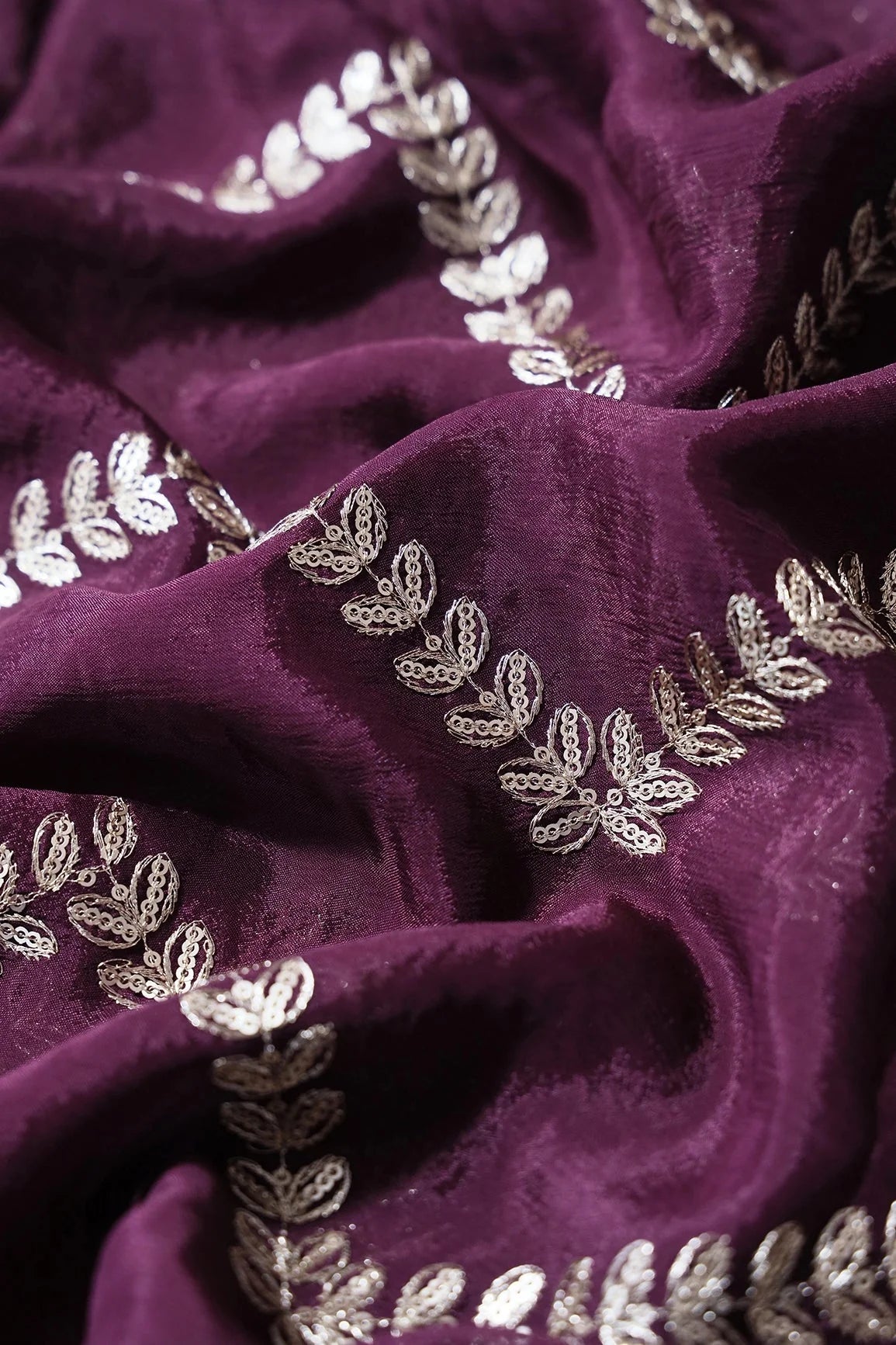 AIzaSyBcstauz-XMPRhEY21AUzeo032pxrXB5Ug - Gold Zari With Gold Sequins Chevron Embroidery Work On Wine Chinnon Chiffon Fabric