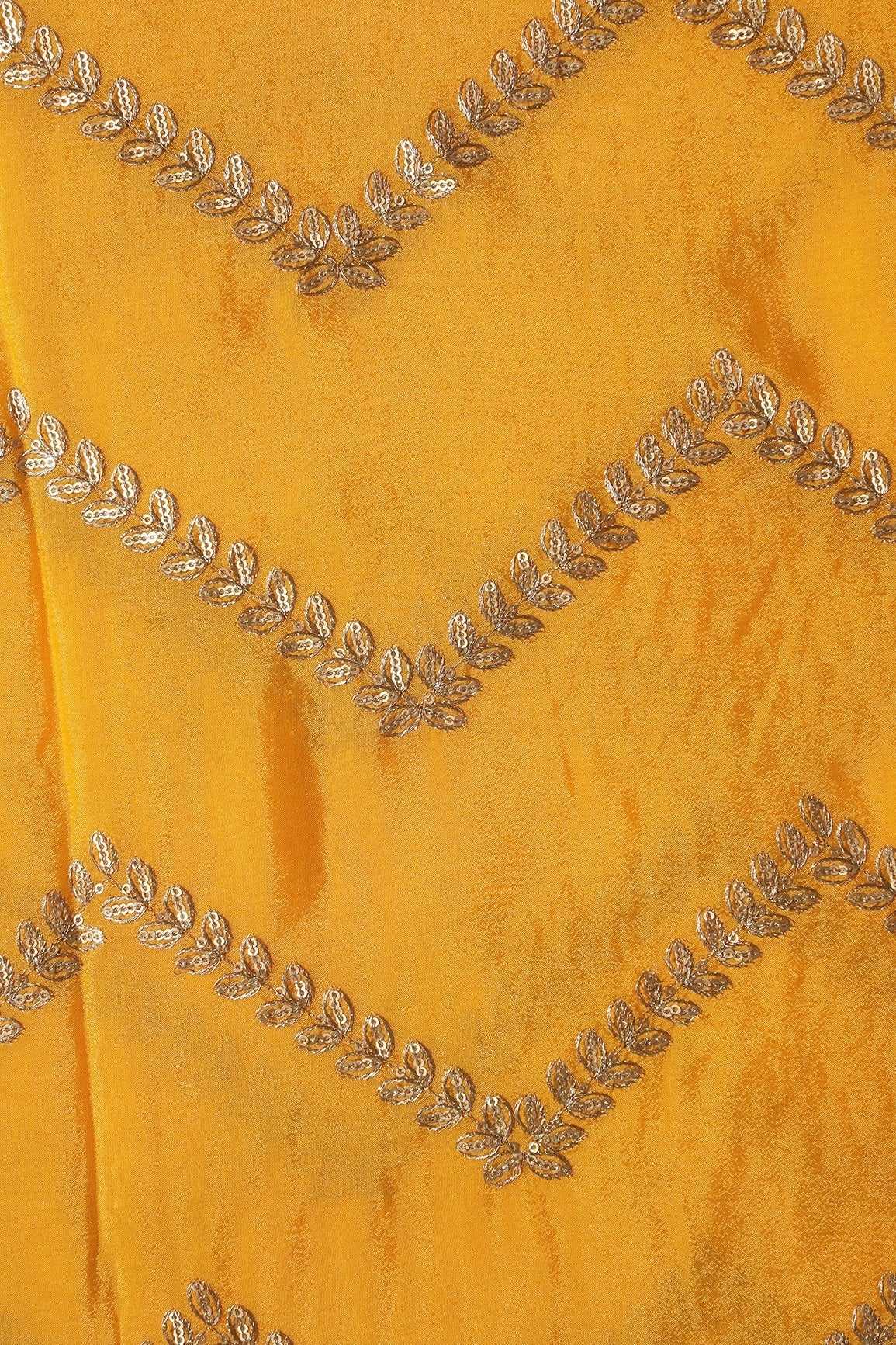 AIzaSyBcstauz-XMPRhEY21AUzeo032pxrXB5Ug - Gold Zari With Gold Sequins Chevron Embroidery Work On Yellow Chinnon Chiffon Fabric
