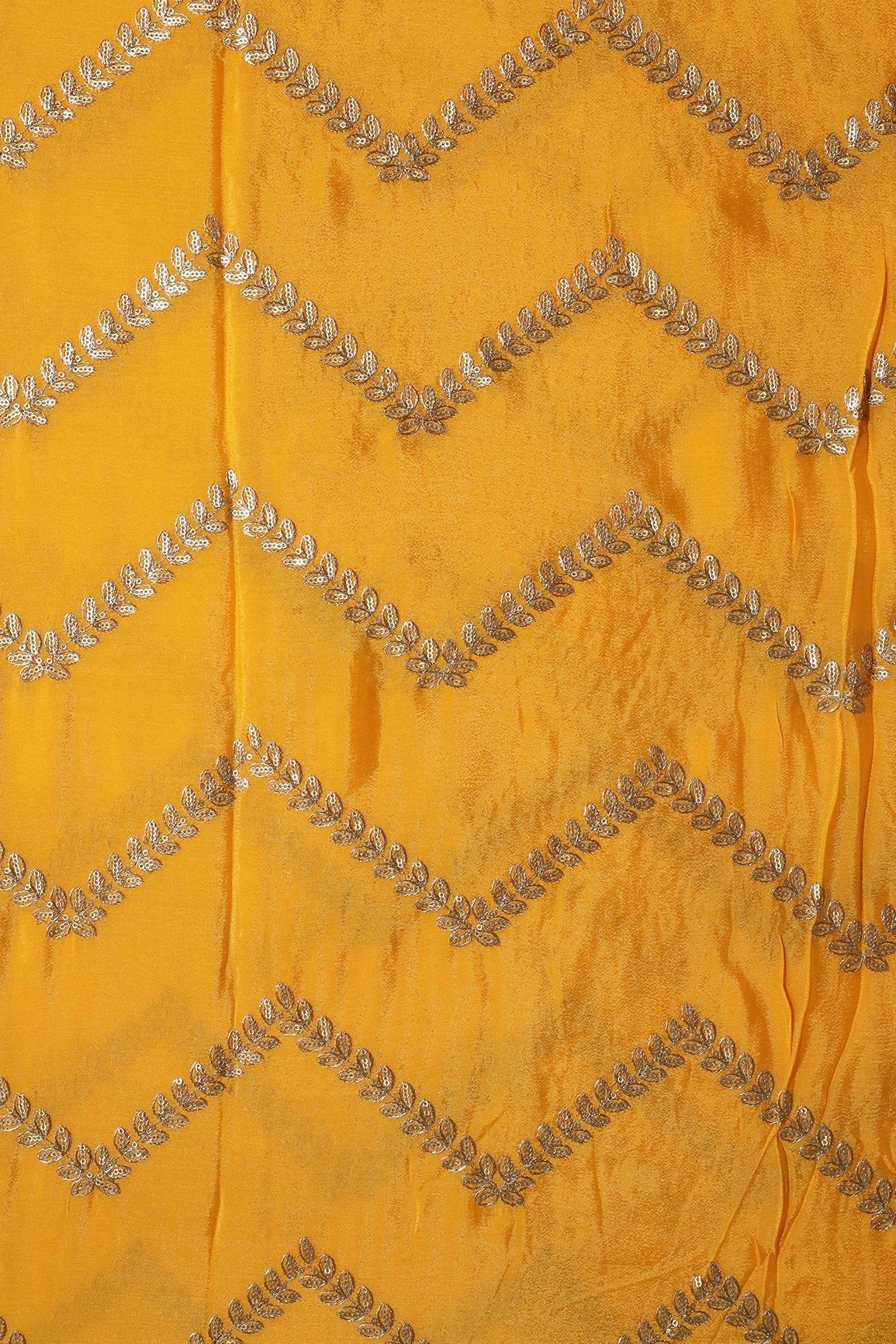 AIzaSyBcstauz-XMPRhEY21AUzeo032pxrXB5Ug - Gold Zari With Gold Sequins Chevron Embroidery Work On Yellow Chinnon Chiffon Fabric