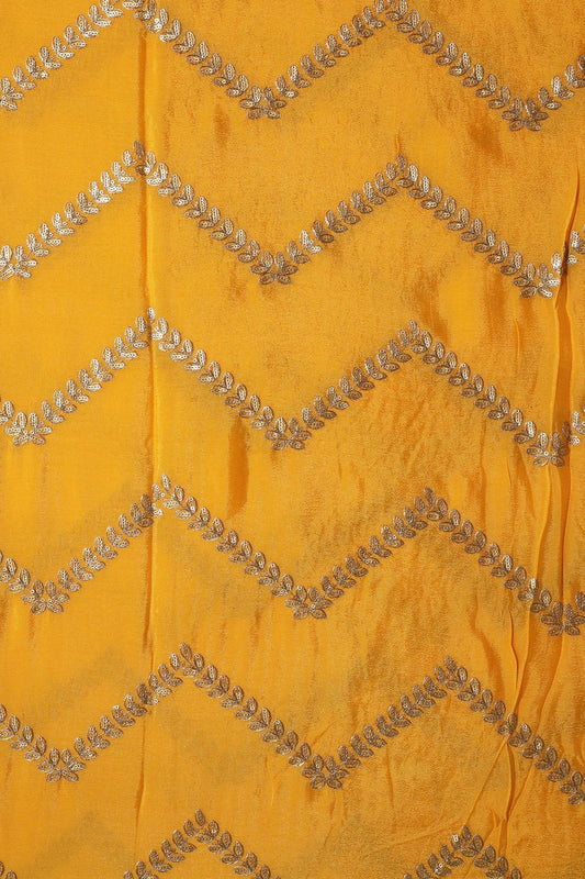 AIzaSyBcstauz-XMPRhEY21AUzeo032pxrXB5Ug - Gold Zari With Gold Sequins Chevron Embroidery Work On Yellow Chinnon Chiffon Fabric