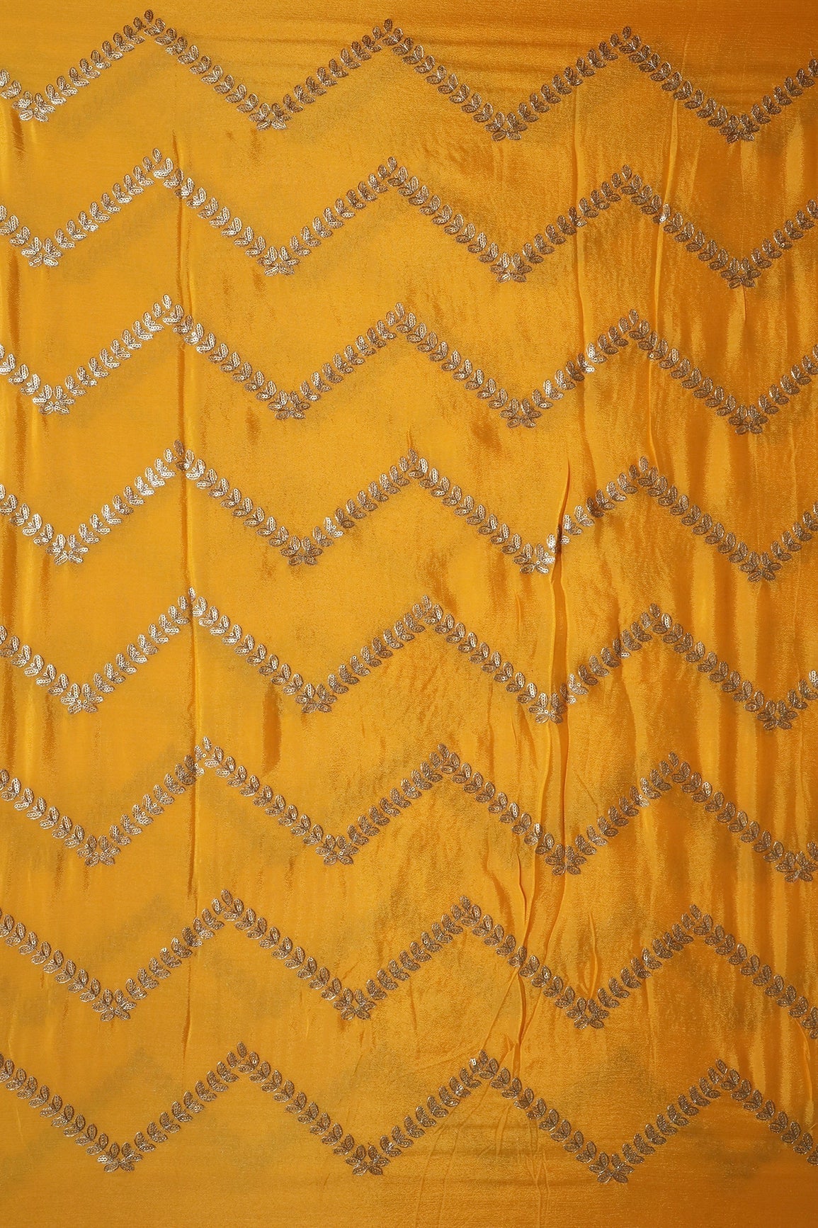 AIzaSyBcstauz-XMPRhEY21AUzeo032pxrXB5Ug - Gold Zari With Gold Sequins Chevron Embroidery Work On Yellow Chinnon Chiffon Fabric