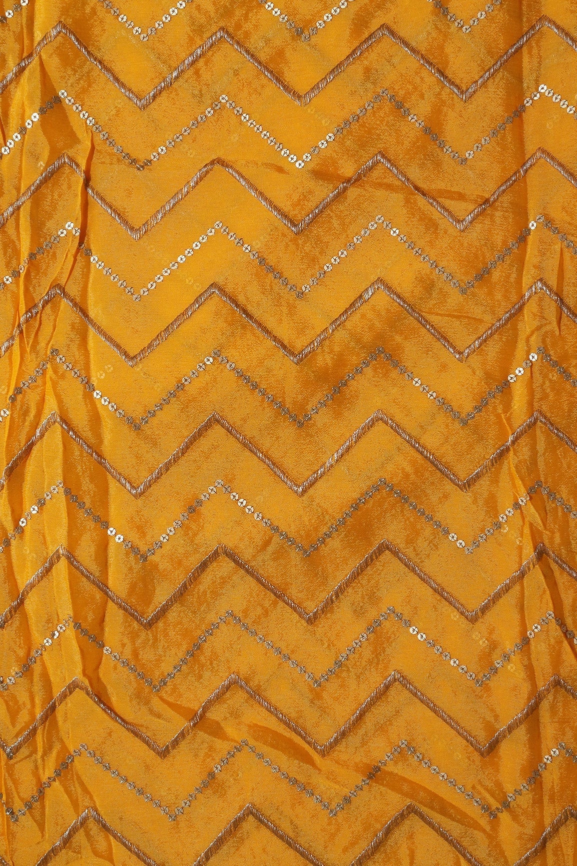 AIzaSyBcstauz-XMPRhEY21AUzeo032pxrXB5Ug - Gold Zari With Gold Sequins Chevron Embroidery Work On Yellow Chinnon Chiffon Fabric