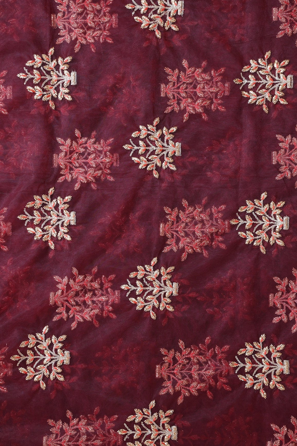 AIzaSyBcstauz-XMPRhEY21AUzeo032pxrXB5Ug - Gold Zari With Gold Sequins Floral Butta Embroidery On Maroon Soft Net Fabric