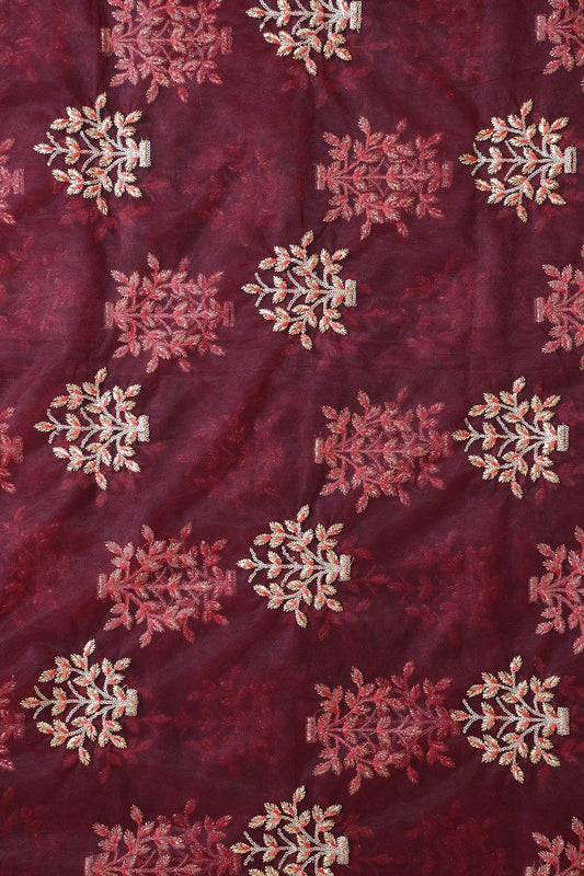 AIzaSyBcstauz-XMPRhEY21AUzeo032pxrXB5Ug - Gold Zari With Gold Sequins Floral Butta Embroidery On Maroon Soft Net Fabric
