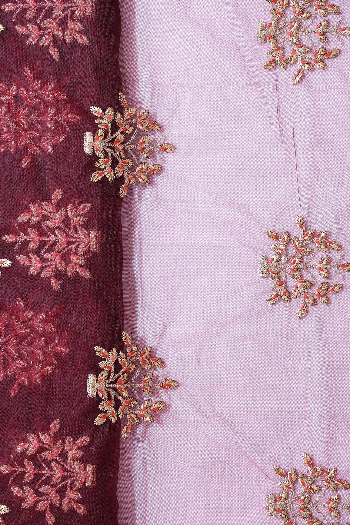 AIzaSyBcstauz-XMPRhEY21AUzeo032pxrXB5Ug - Gold Zari With Gold Sequins Floral Butta Embroidery On Maroon Soft Net Fabric