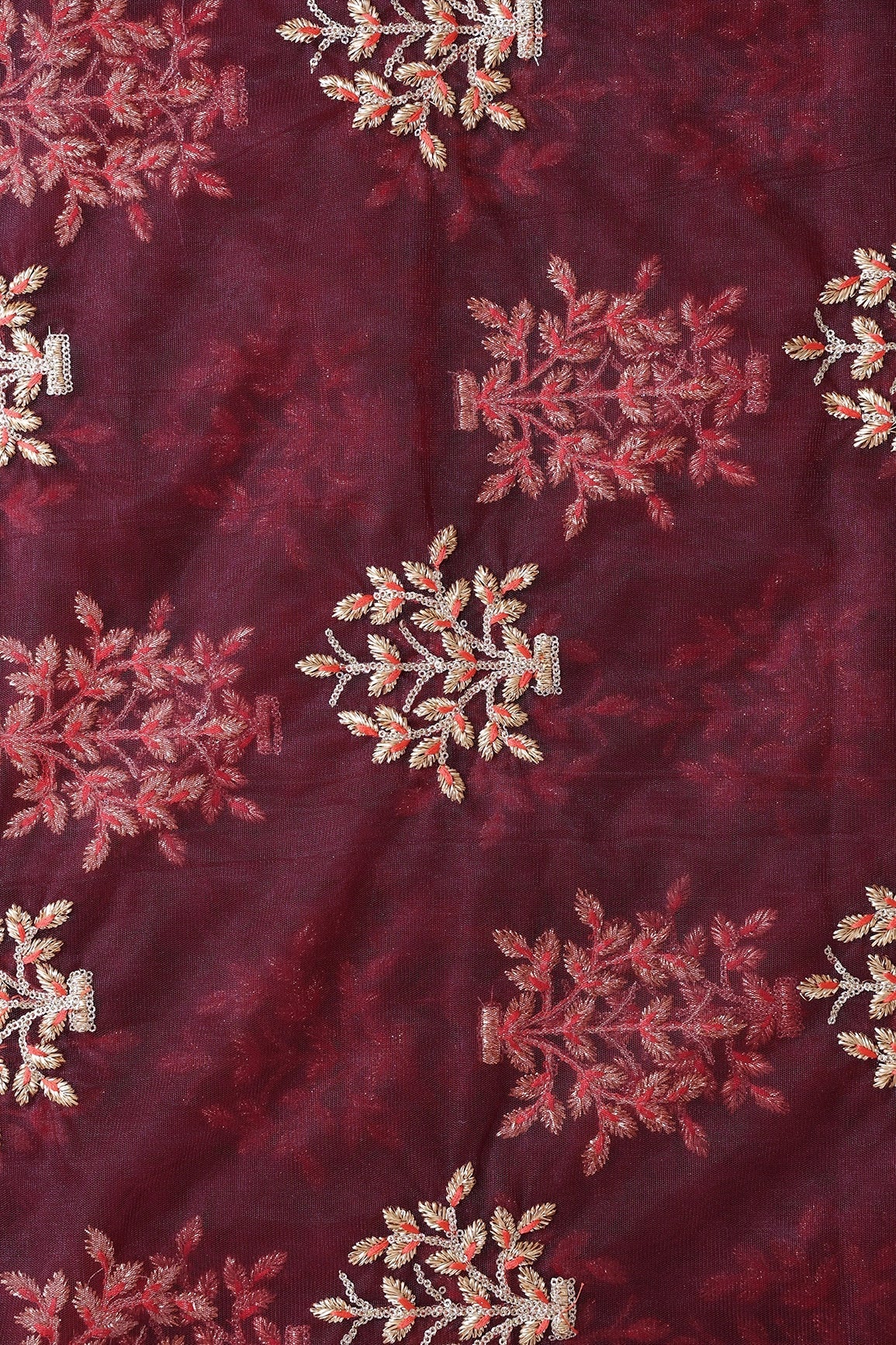 AIzaSyBcstauz-XMPRhEY21AUzeo032pxrXB5Ug - Gold Zari With Gold Sequins Floral Butta Embroidery On Maroon Soft Net Fabric