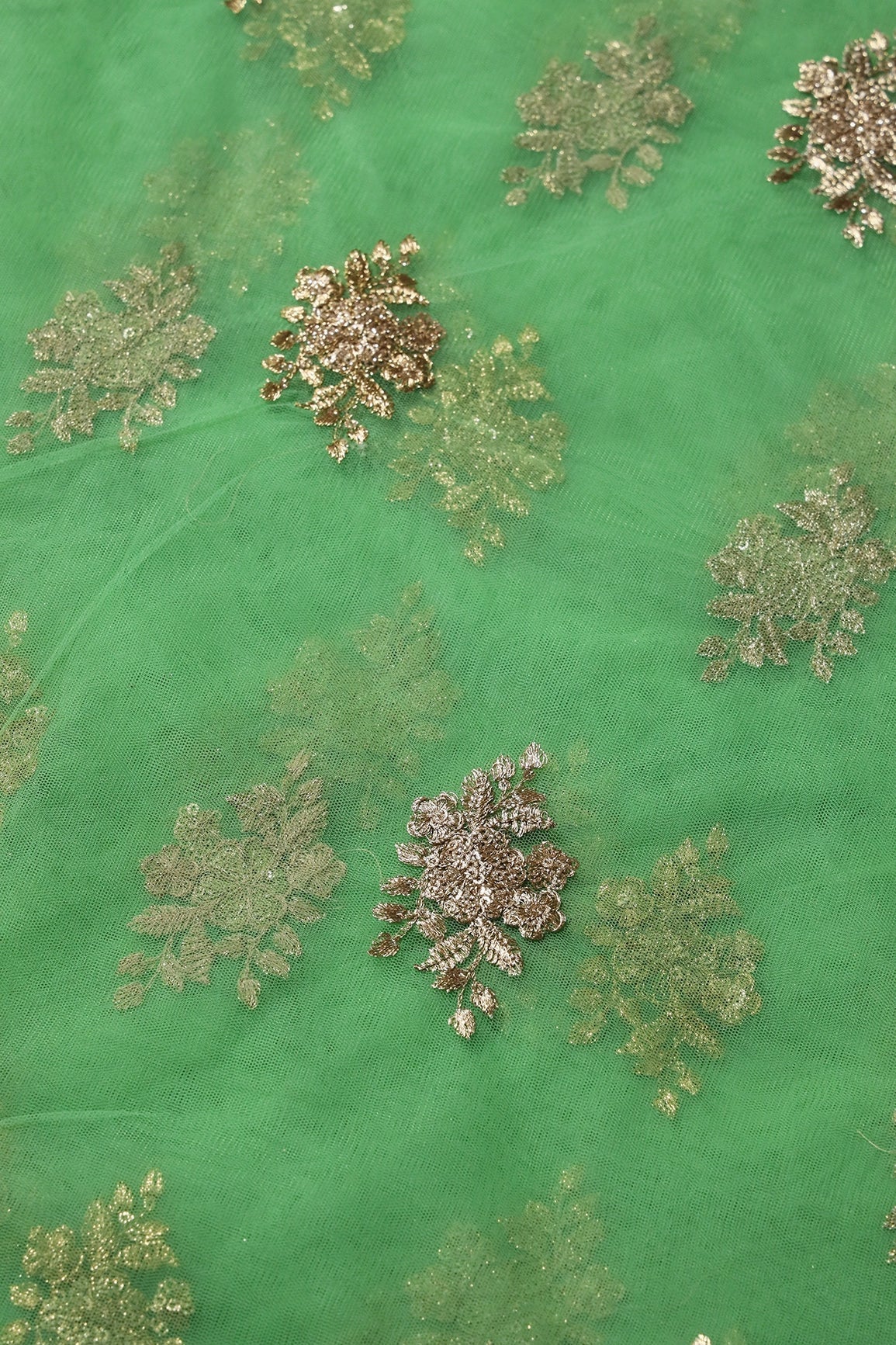 AIzaSyBcstauz-XMPRhEY21AUzeo032pxrXB5Ug - Gold Zari With Gold Sequins Floral Embroidery Work On Light Green Soft Net Fabric