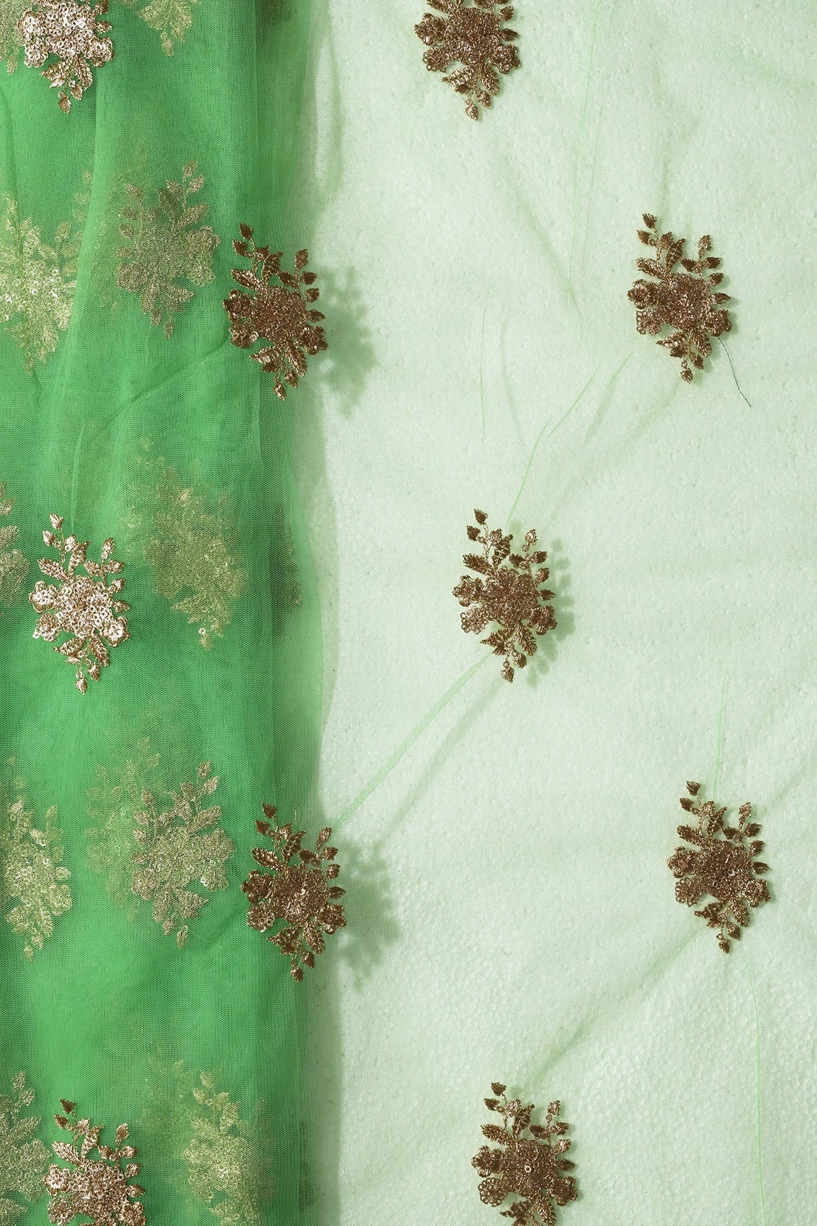AIzaSyBcstauz-XMPRhEY21AUzeo032pxrXB5Ug - Gold Zari With Gold Sequins Floral Embroidery Work On Light Green Soft Net Fabric