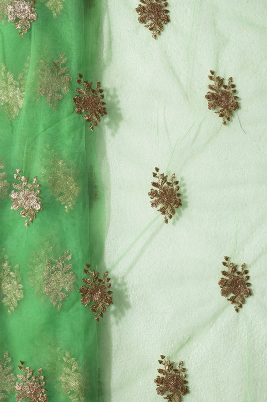 AIzaSyBcstauz-XMPRhEY21AUzeo032pxrXB5Ug - Gold Zari With Gold Sequins Floral Embroidery Work On Light Green Soft Net Fabric