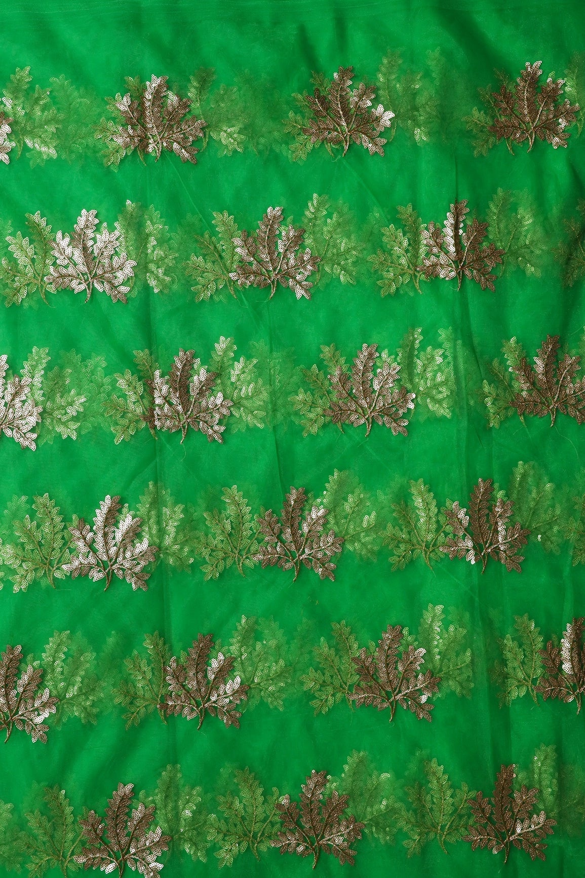 AIzaSyBcstauz-XMPRhEY21AUzeo032pxrXB5Ug - Gold Zari With Gold Sequins Leafy Embroidery Work On Dark Parrot Green Soft Net Fabric