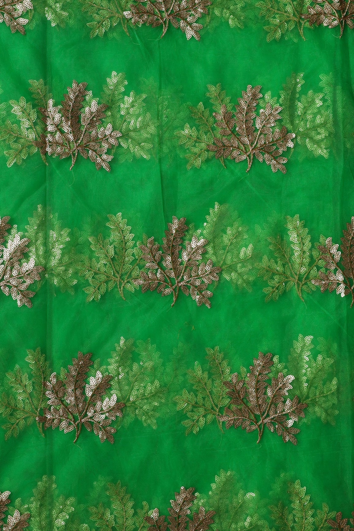 AIzaSyBcstauz-XMPRhEY21AUzeo032pxrXB5Ug - Gold Zari With Gold Sequins Leafy Embroidery Work On Dark Parrot Green Soft Net Fabric