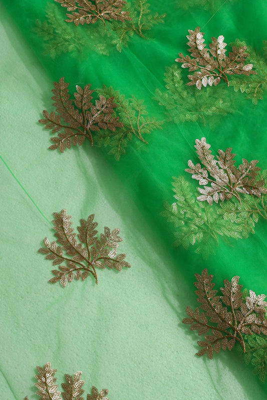 AIzaSyBcstauz-XMPRhEY21AUzeo032pxrXB5Ug - Gold Zari With Gold Sequins Leafy Embroidery Work On Dark Parrot Green Soft Net Fabric