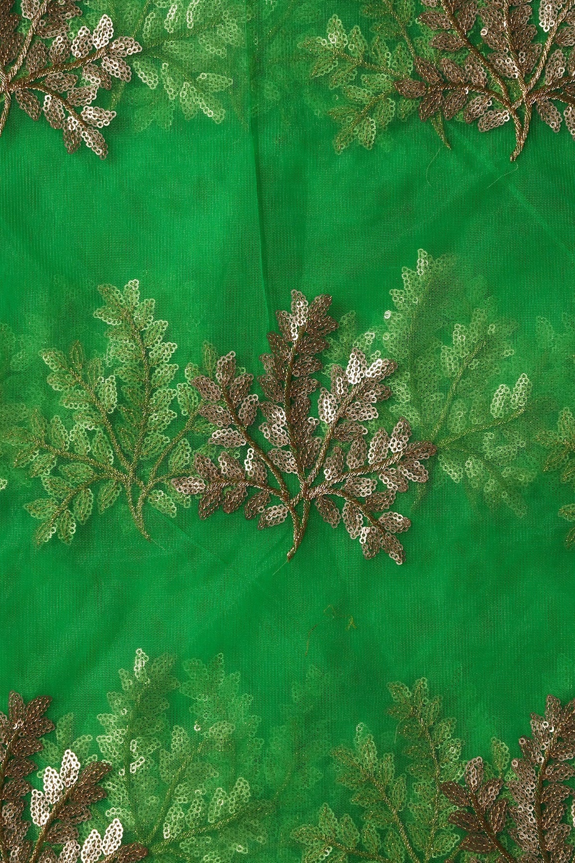 AIzaSyBcstauz-XMPRhEY21AUzeo032pxrXB5Ug - Gold Zari With Gold Sequins Leafy Embroidery Work On Dark Parrot Green Soft Net Fabric