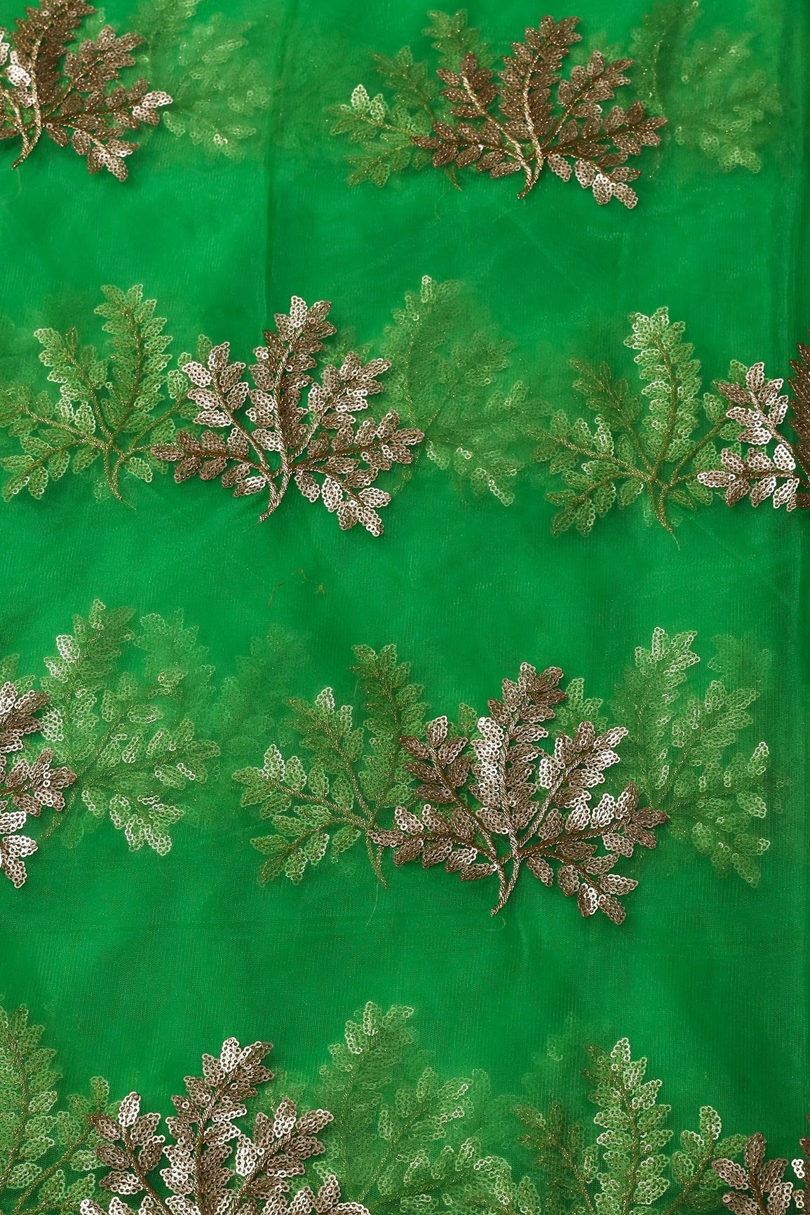 AIzaSyBcstauz-XMPRhEY21AUzeo032pxrXB5Ug - Gold Zari With Gold Sequins Leafy Embroidery Work On Dark Parrot Green Soft Net Fabric