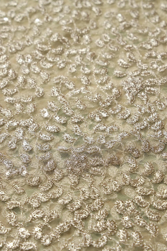 AIzaSyBcstauz-XMPRhEY21AUzeo032pxrXB5Ug - Gold Zari With Gold Sequins Leafy Heavy Embroidery Work On Pastel Yellow Soft Net Fabric