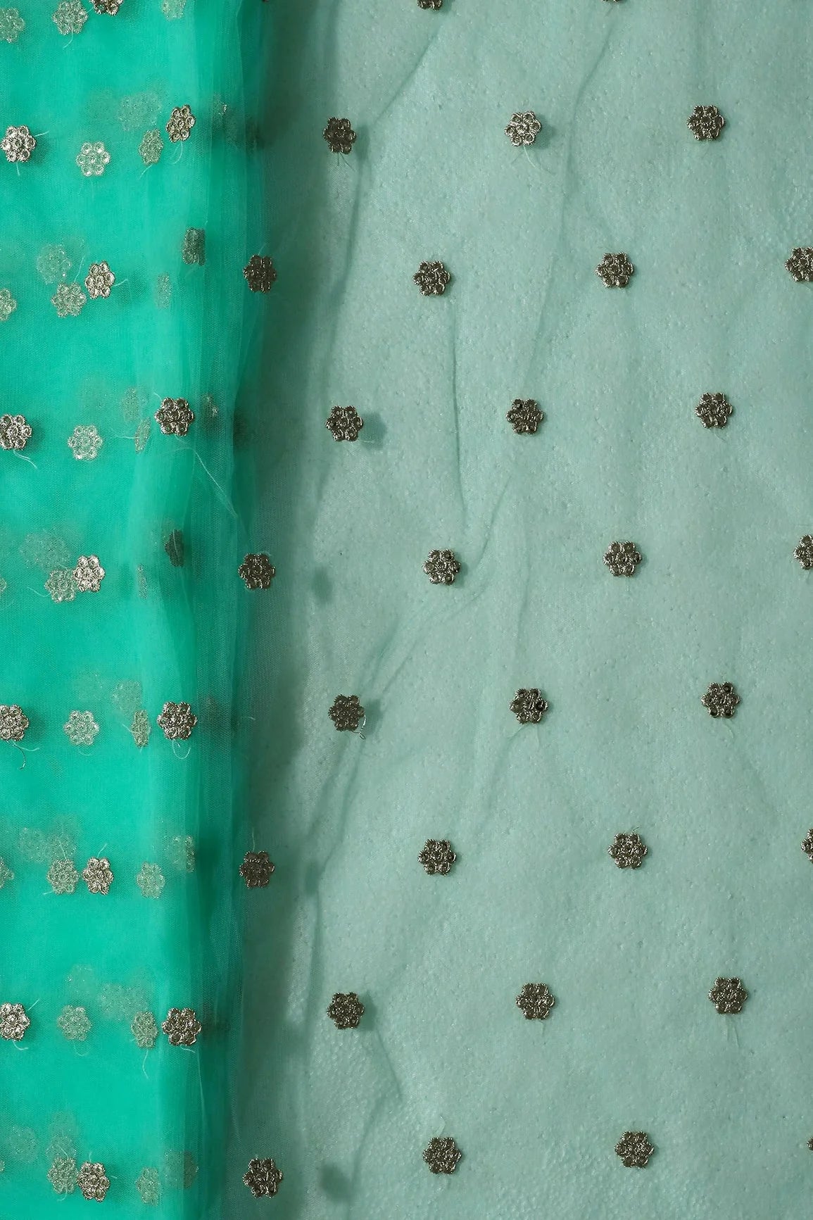 AIzaSyBcstauz-XMPRhEY21AUzeo032pxrXB5Ug - Gold Zari With Gold Sequins Small Booti Embroidery Work On Sea Green Soft Net Fabric