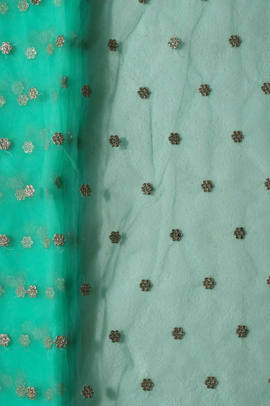 AIzaSyBcstauz-XMPRhEY21AUzeo032pxrXB5Ug - Gold Zari With Gold Sequins Small Booti Embroidery Work On Sea Green Soft Net Fabric