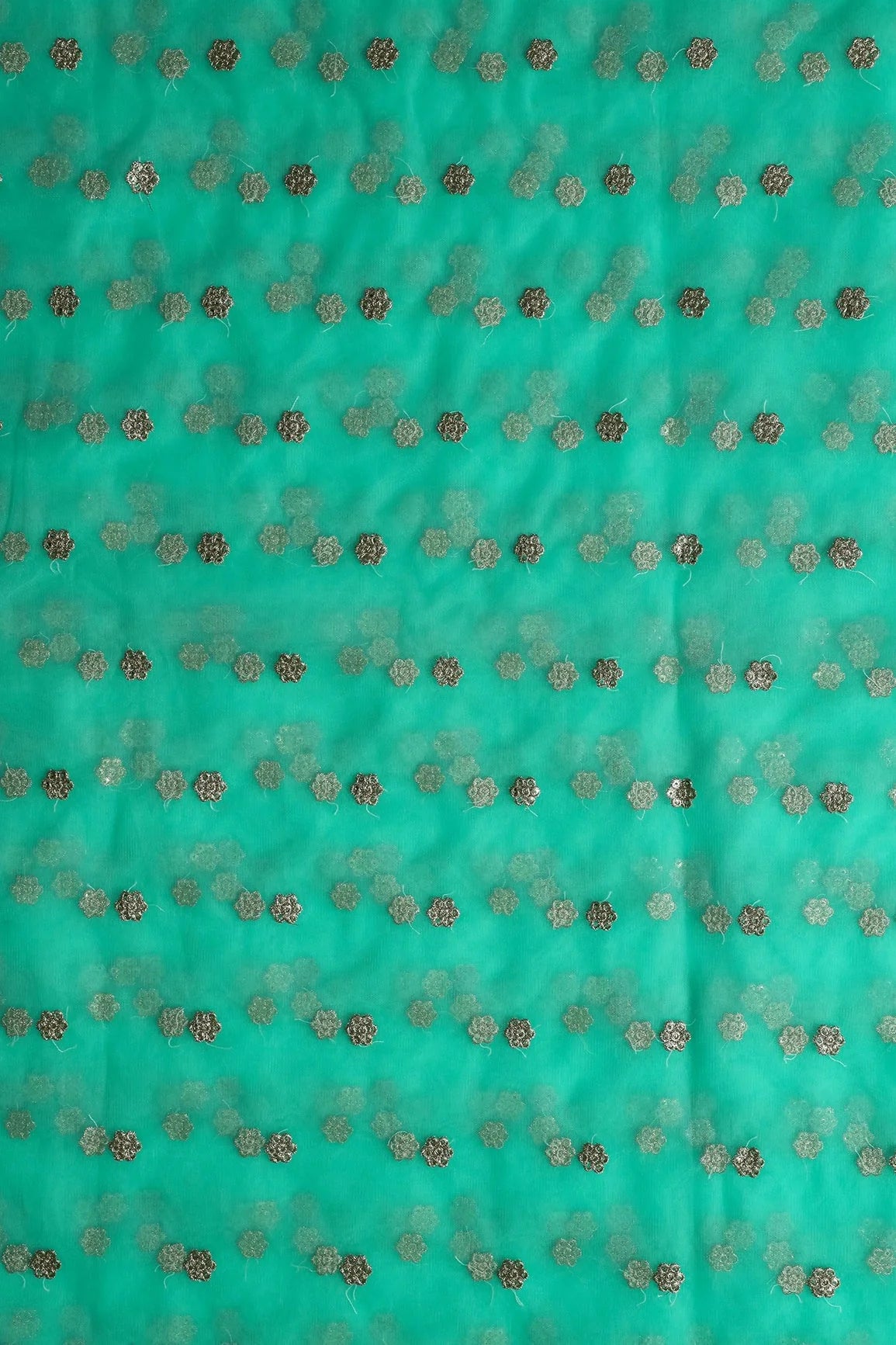 AIzaSyBcstauz-XMPRhEY21AUzeo032pxrXB5Ug - Gold Zari With Gold Sequins Small Booti Embroidery Work On Sea Green Soft Net Fabric