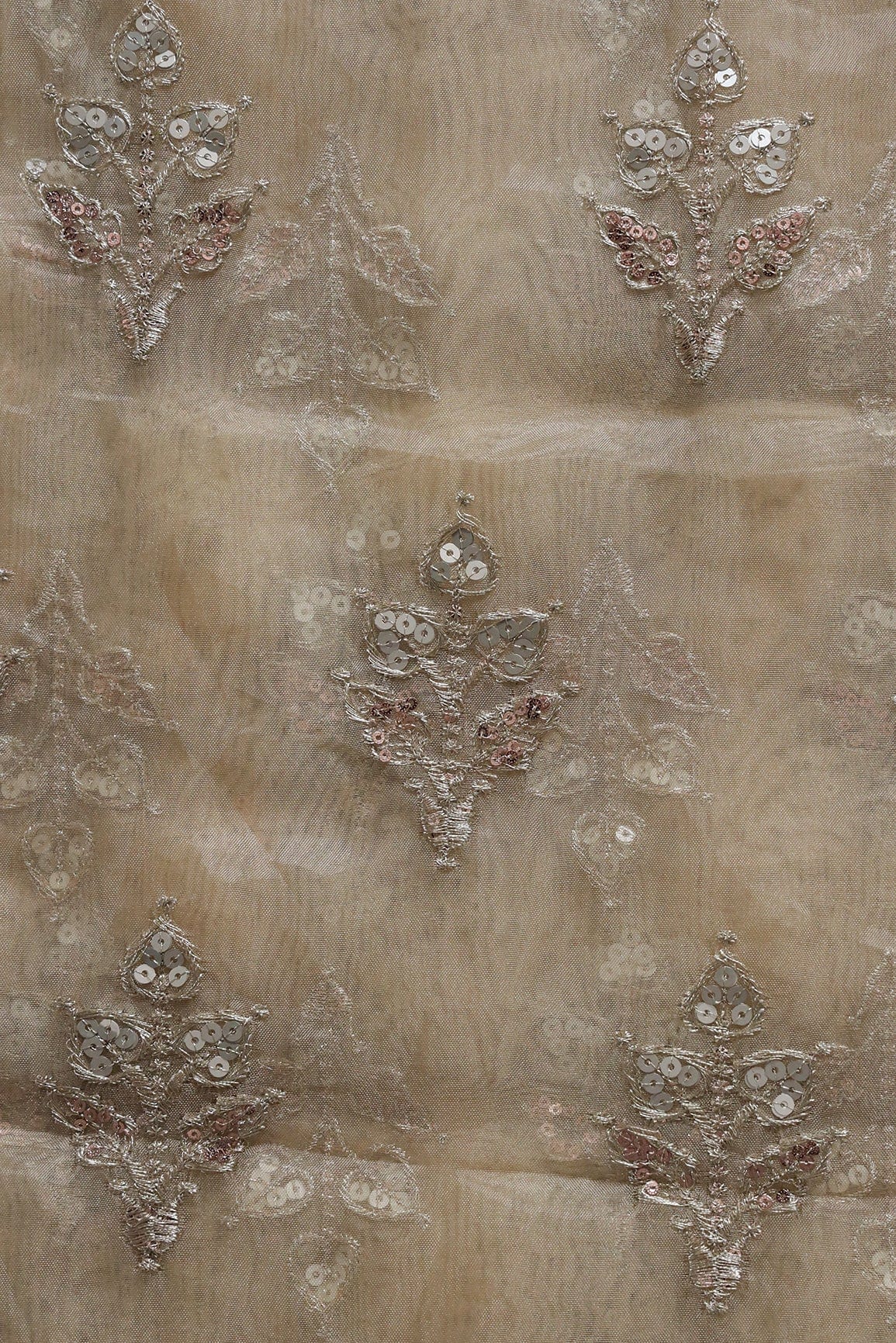 AIzaSyBcstauz-XMPRhEY21AUzeo032pxrXB5Ug - Gold Zari With Sequins Beautiful Leafy Embroidery Work On Beige Tissue Fabric