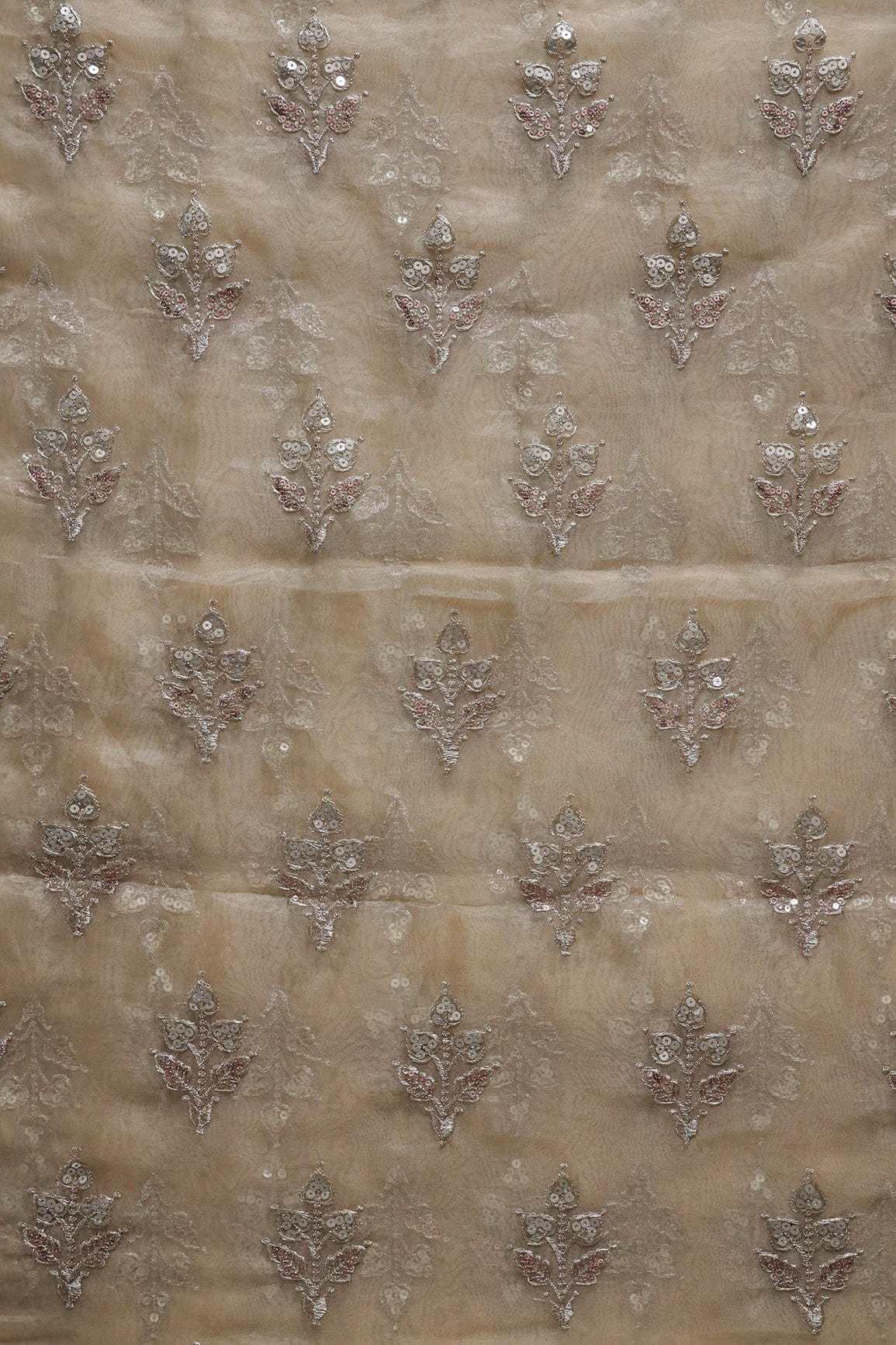AIzaSyBcstauz-XMPRhEY21AUzeo032pxrXB5Ug - Gold Zari With Sequins Beautiful Leafy Embroidery Work On Beige Tissue Fabric