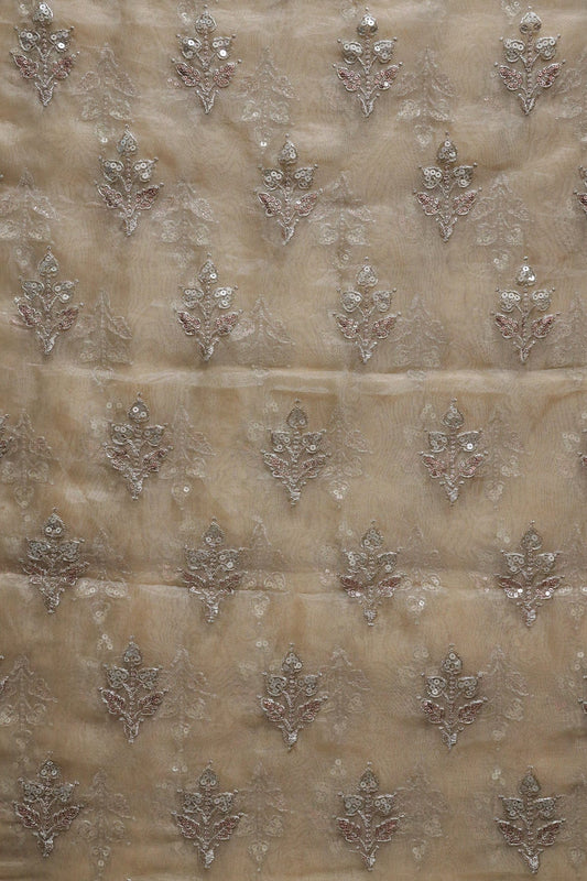 AIzaSyBcstauz-XMPRhEY21AUzeo032pxrXB5Ug - Gold Zari With Sequins Beautiful Leafy Embroidery Work On Beige Tissue Fabric