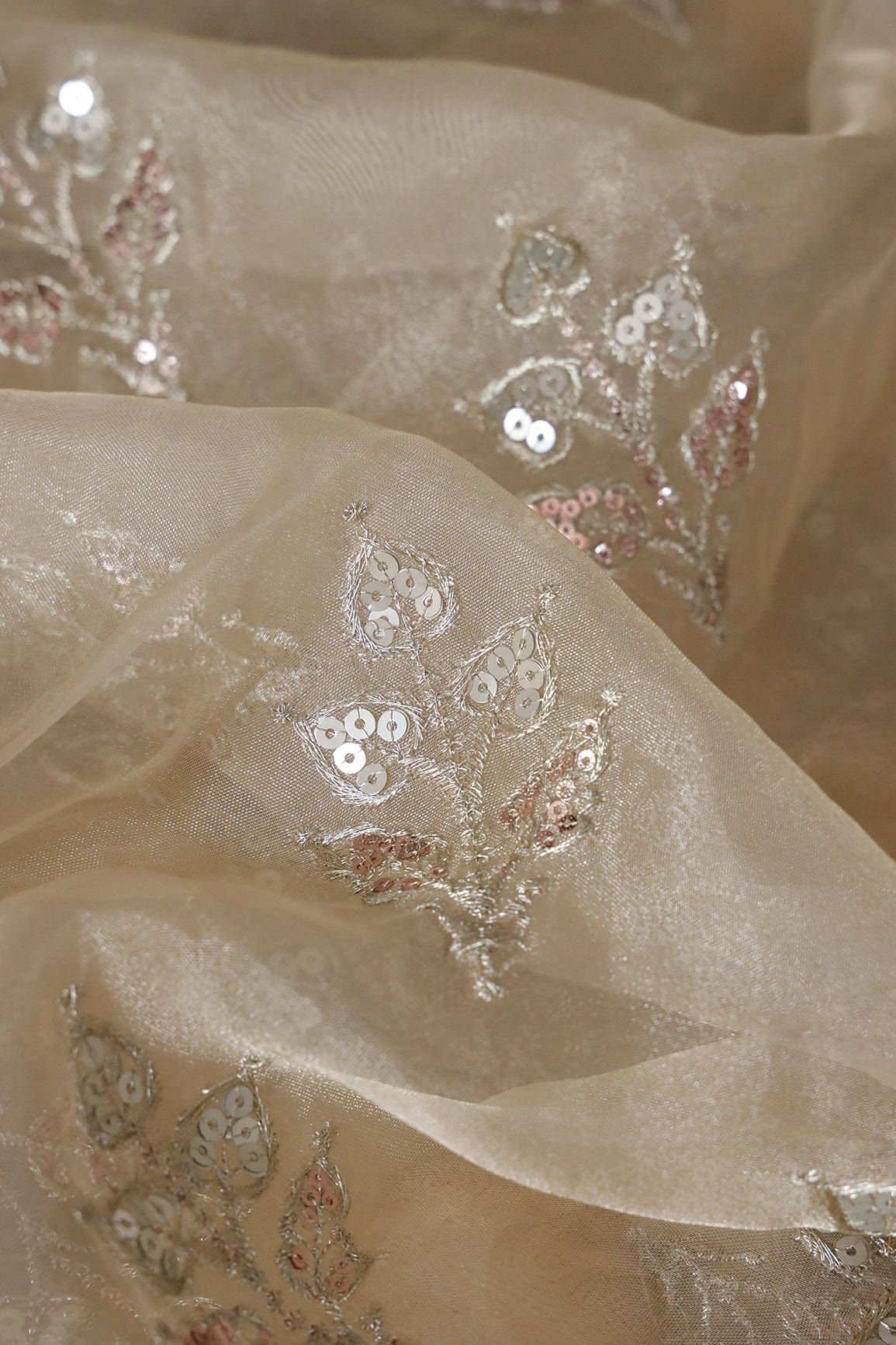 AIzaSyBcstauz-XMPRhEY21AUzeo032pxrXB5Ug - Gold Zari With Sequins Beautiful Leafy Embroidery Work On Beige Tissue Fabric