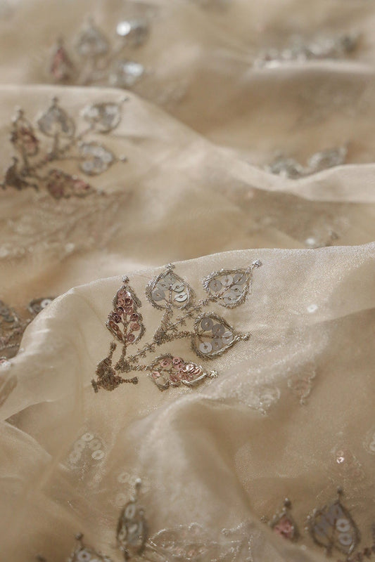 AIzaSyBcstauz-XMPRhEY21AUzeo032pxrXB5Ug - Gold Zari With Sequins Beautiful Leafy Embroidery Work On Beige Tissue Fabric