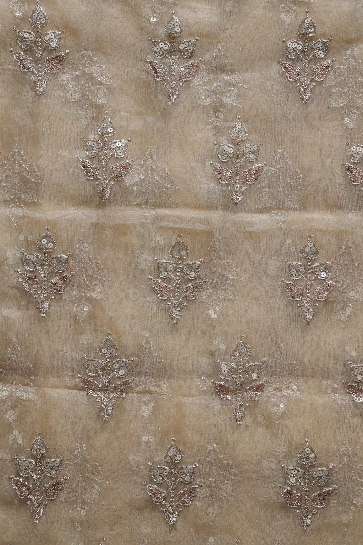 AIzaSyBcstauz-XMPRhEY21AUzeo032pxrXB5Ug - Gold Zari With Sequins Beautiful Leafy Embroidery Work On Beige Tissue Fabric