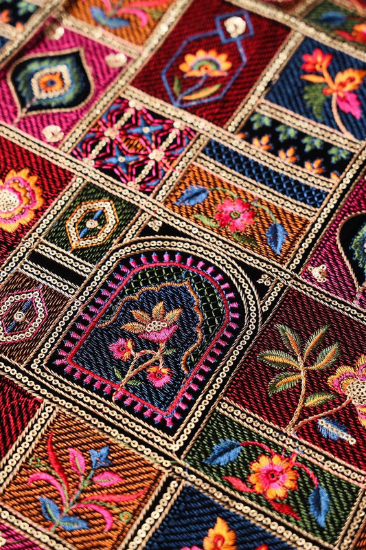 AIzaSyBcstauz-XMPRhEY21AUzeo032pxrXB5Ug - Gorgeous Multi Color Thread With Sequins Traditional Embroidery Work On Black Velvet Fabric